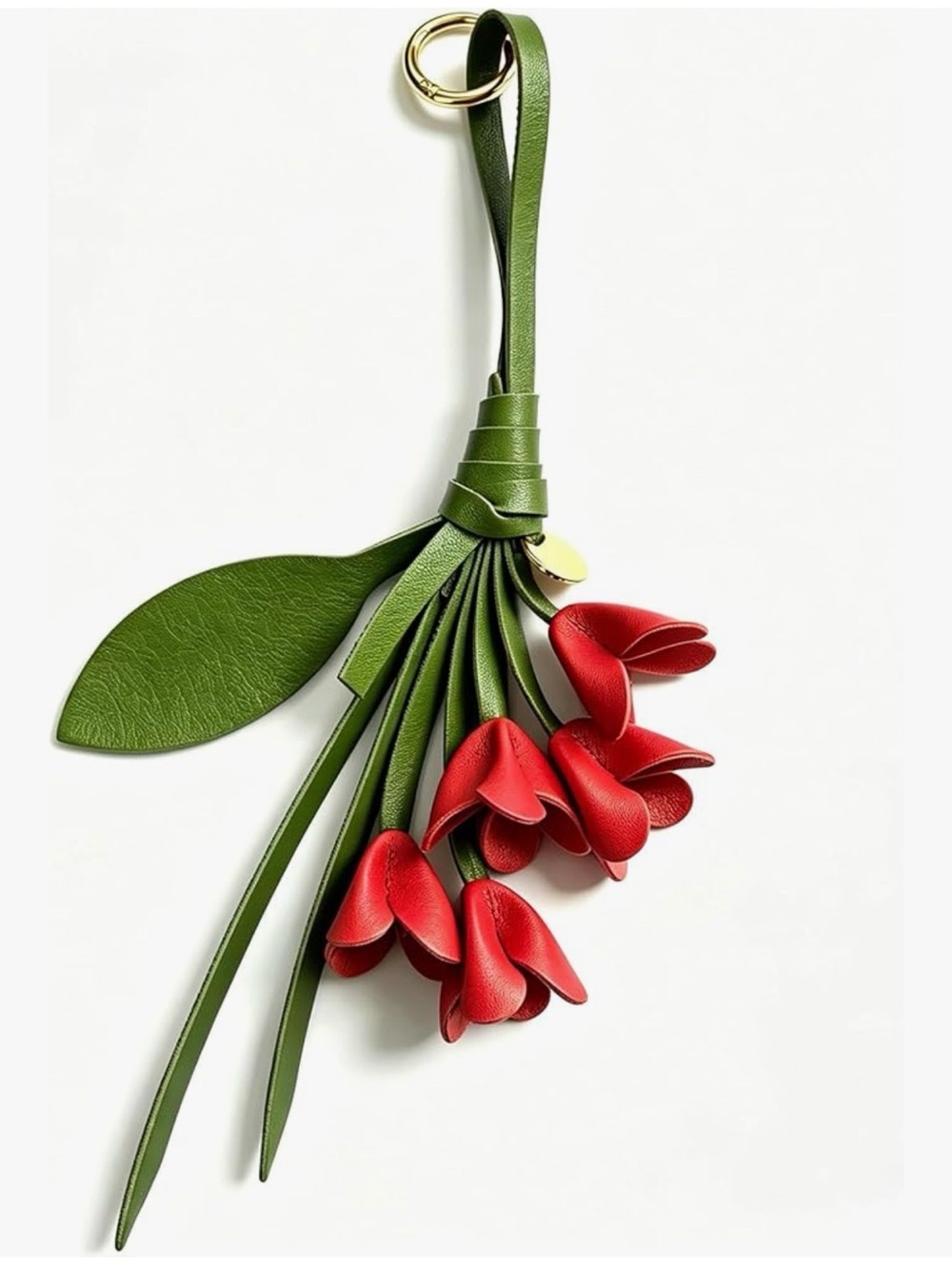 NEW Green and Red Leather Flower Keychain Charm